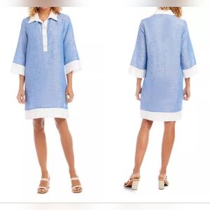 RARE $218 NWT Karen Kane  USA MADE 100% Linen Dress Colorblock Size M Blue White